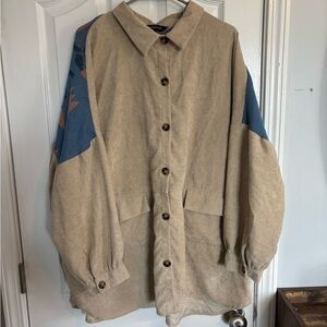 DAVI & DANI Cream and Blue Aztec Knit Corduroy Shacket